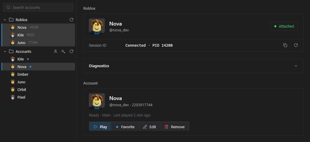 The Clients page: three attached Roblox windows and the saved accounts