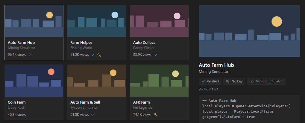 The Script Hub: a grid of scripts and, for the picked one, its details and code